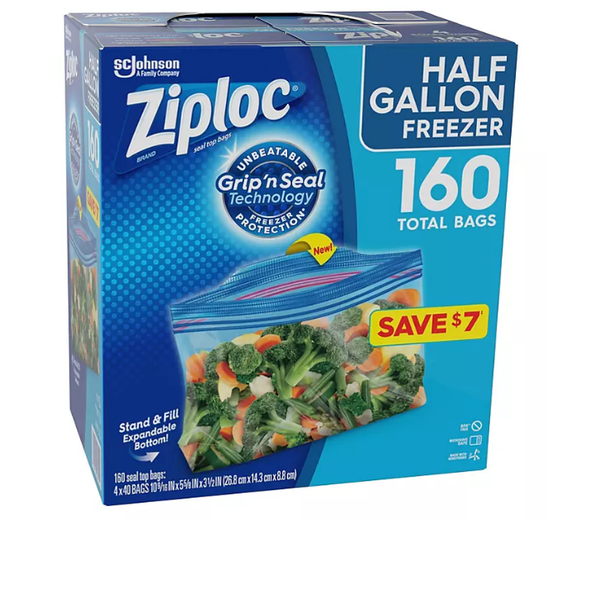 Ziploc Half Gallon Freezer Bags (4 boxes of 36 bags - Total of 144 bags)