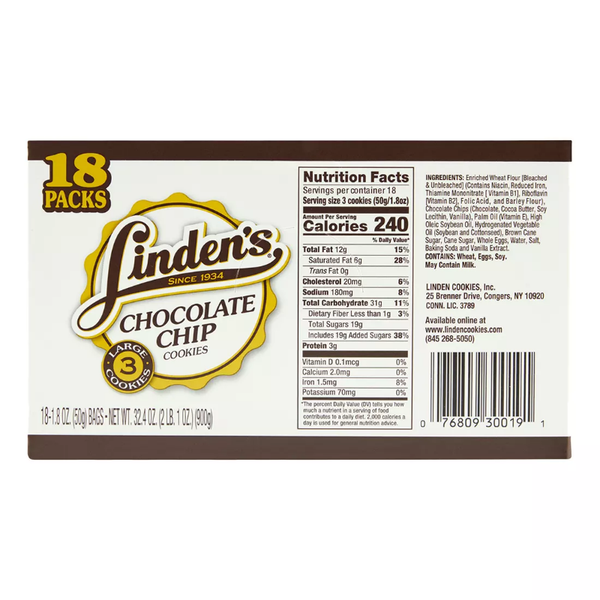 Linden's Chocolate Chip Cookies. 3 ct. 18 pk. Openbax