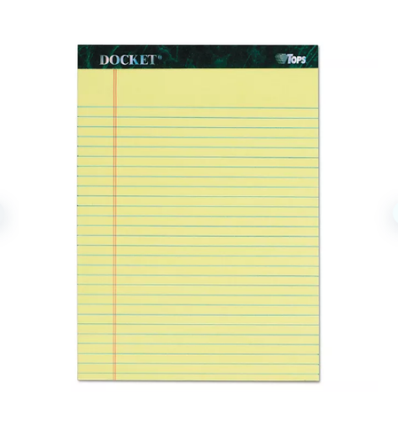 TOPS - Docket Writing Tablet, 8 1/2 x 11 3/4, Legal Rule, Canary, 50 Sheets - 6-Pack