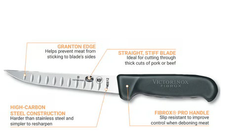 Victorinox - Swiss Army 5.6023.15 Granton Edge Boning Knife w/ 6" Blade, Black Fibrox® Pro Handle