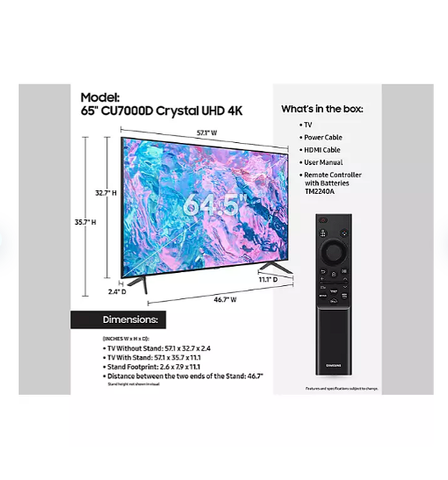 SAMSUNG 65" Class CU7000-Series Crystal UHD 4K Smart TV with HDR - UN65CU7000DXZA