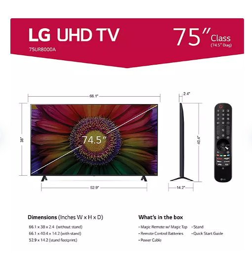 LG 75" Class UR8000 series LED 4K UHD Smart webOS 23 w/ ThinQ AI TV - 75UR8000AUA
