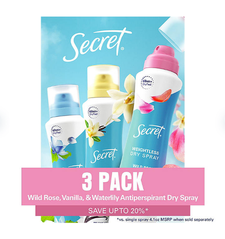 Secret Dry Spray Women's Antiperspirant Deodorant, Vanilla, Wild Rose & Waterlily (4.1 oz., 3 pk.)