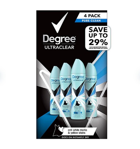 Degree For Women Black & White Dry Spray Antiperspirant & Deodorant, Pure Clean (3.8 oz., 4 pk.)