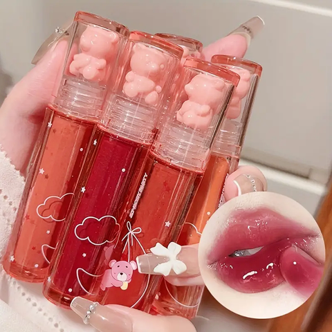 Strawberry Bear Water Gloss Lip Glaze Mirror Brightening Lipstick Long Lasting Non Fade Moisturizing Hydrating Lip Gloss Valentine's Day Gifts