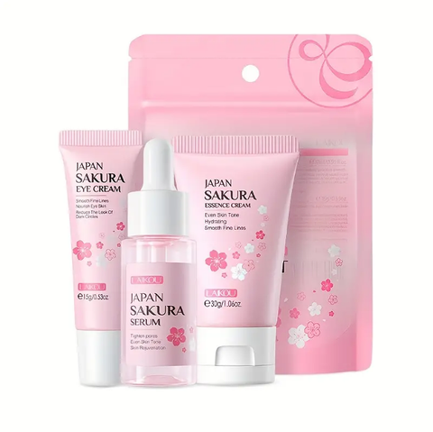 3pcs Set LAIKOU Japanese Cherry Blossom Skin Care Set 3 Piece Serum Liquid Eye Cream Face Cream Skin Care Kit Gifts