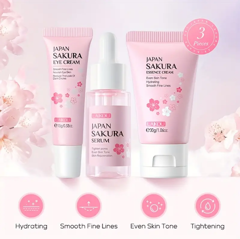 3pcs Set LAIKOU Japanese Cherry Blossom Skin Care Set 3 Piece Serum Liquid Eye Cream Face Cream Skin Care Kit Gifts