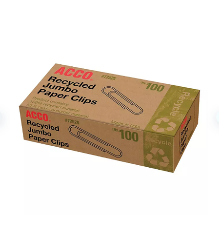 ACCO Recycled Paper Clips, 90% Recycled, Smooth, Jumbo, 100/Box, 16 Pack