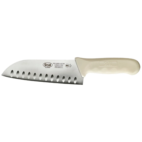 Winco KWP-70 7" Santoku Knife w/ High Carbon Steel Blade & White Poly Handle