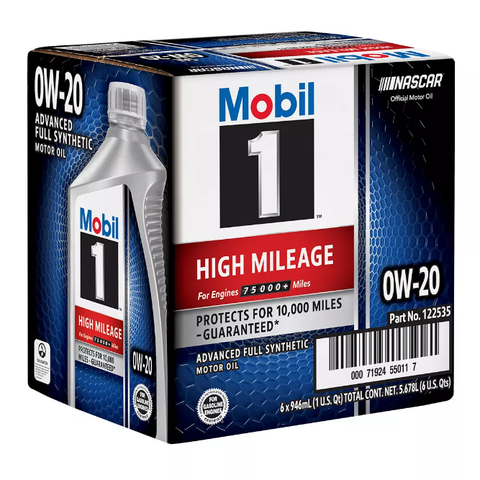 Mobil 1 High Mileage Full Synthetic Motor Oil 0W-20, 6 pk./1 qt.