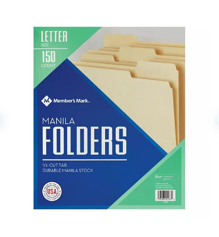 Member's Mark Manila File Folders, Letter, 1/3 Cut Assorted Tabs,150 per Box