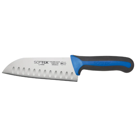 Winco KSTK-70 7" Santoku Chef's Knife w/ High Carbon Steel Blade & Black/Blue TPR Handle