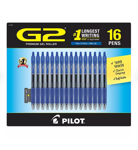 Pilot G2 Retractable Gel Pens, Fine (0.7mm), 16 Pack, Blue
