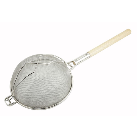 Winco MST-12D 12" Round Strainer w/ Double Tinned Mesh, Reinforced Supporter, Wood Handle