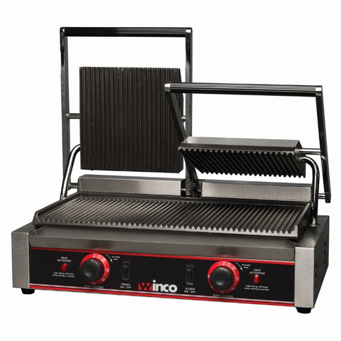 Winco EPG-2 Double Commercial Panini Press w/ Cast Iron Grooved Plates, 120v