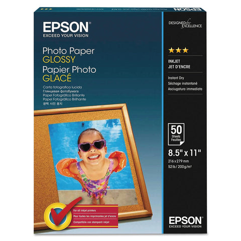 Epson Glossy Photo Paper, 52 lb., Glossy, 8.5" x 11", 100 Sheets/Pack