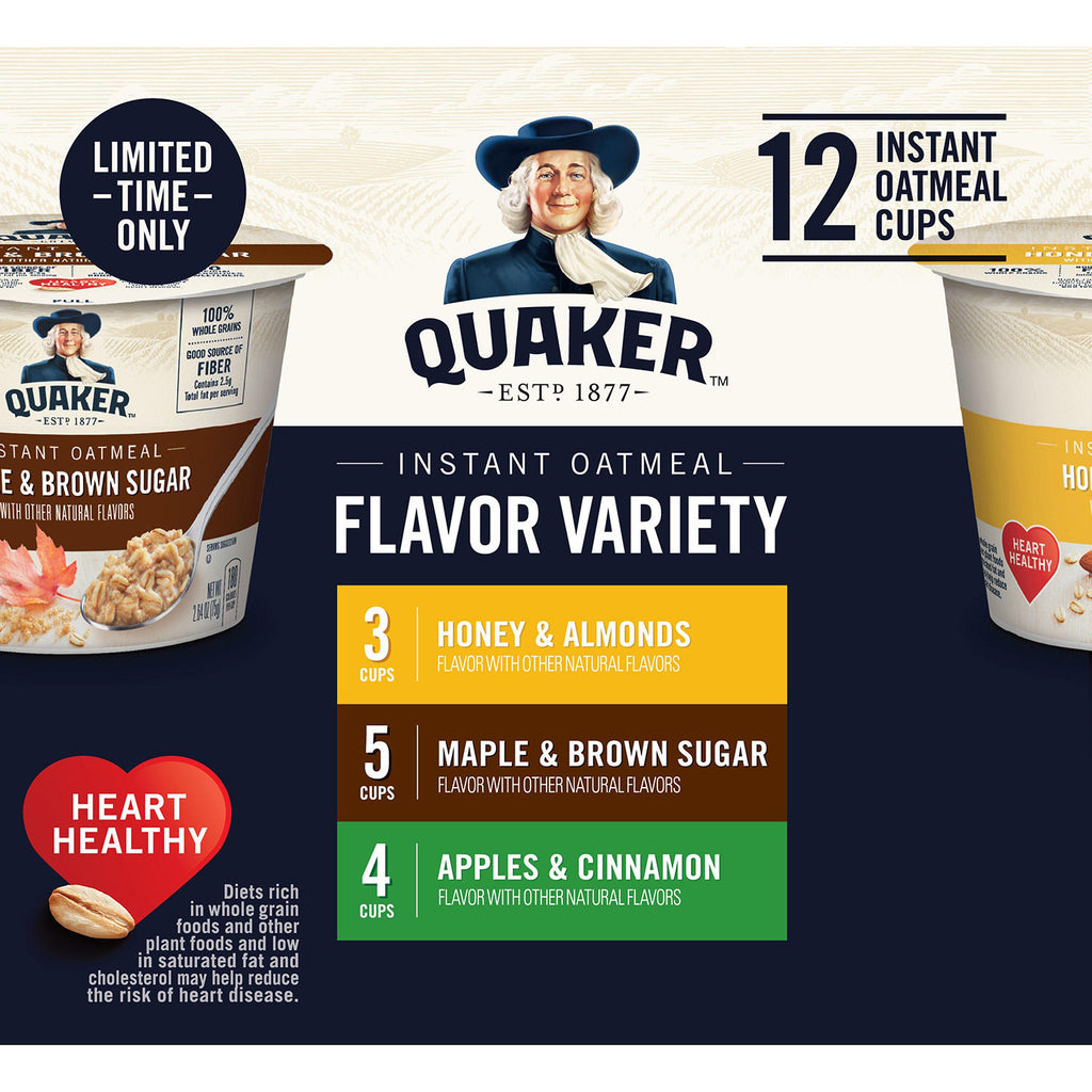 Quaker Instant Oatmeal Cups Variety Pack - 12 pack, 1.68 oz cups