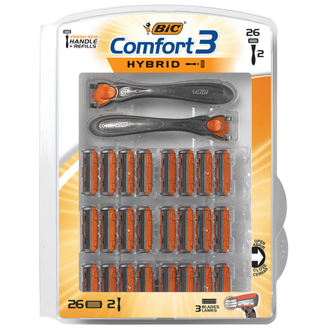 BIC Comfort 3 Hybrid Men's Disposable Razor 2 Handles + 26 Refill Cartridges