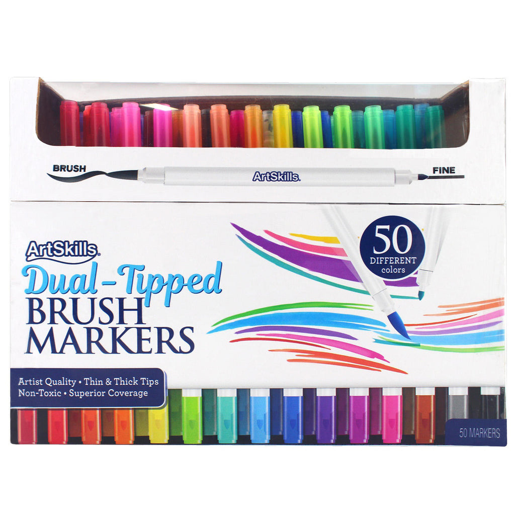 ArtSkills Dual Tip Fine & Brush Tip Markers for Adult Coloring, Brush  Markers 50-Count