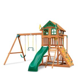 Gorilla Playsets Avalon Wood Swing Set with Wood Roof and Monkey Bars