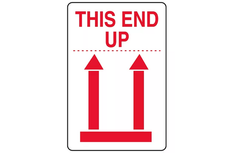 International Safe Handling Labels - "This End Up" with Red Arrows, 4 x 8"