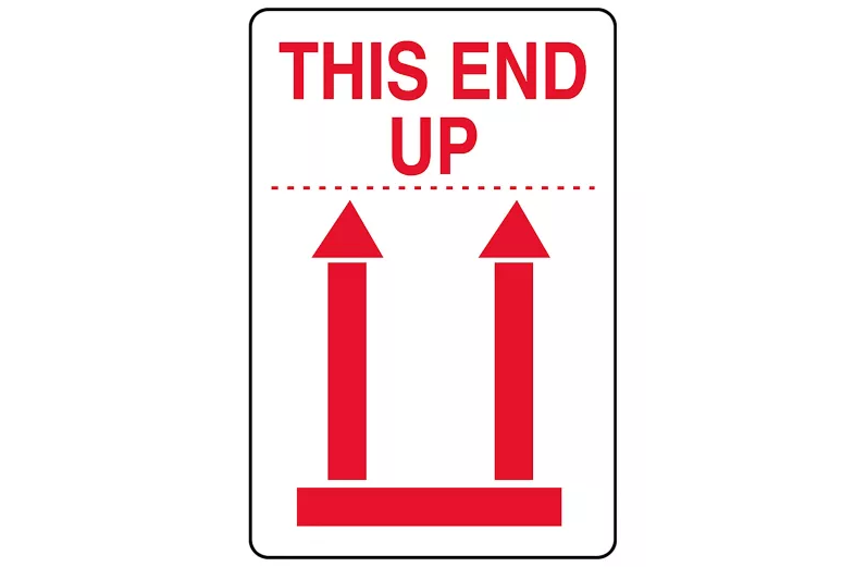 International Safe Handling Labels - "This End Up" with Red Arrows, 2 x 3"