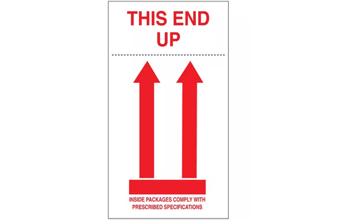 International Safe Handling Labels - "This End Up/Inside Packages Comply with Prescribed Specifications", 4 x 8"