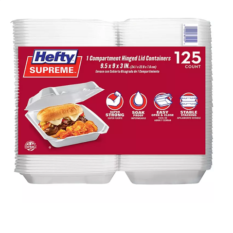 Hefty Supreme Foam Hinged Lid Container, 1-Compartment (125 ct.)