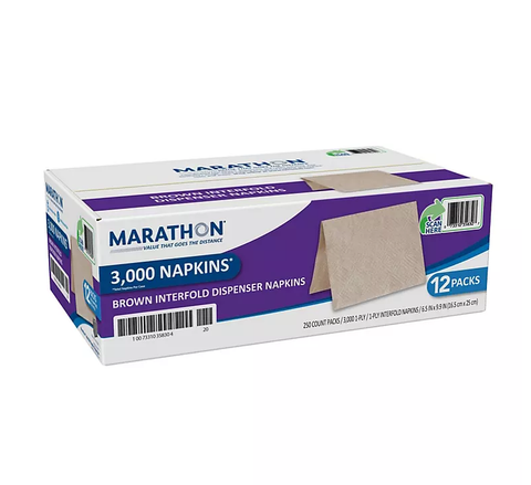 Marathon Interfold 1-Ply Napkins, Brown, 3000 Per Case (250 napkins/pk. 12 pk.)