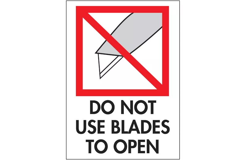 International Safe Handling Labels - "Do Not Use Blades to Open", 3 x 4"