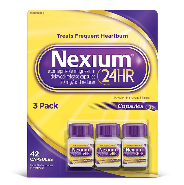 Nexium 24HR Delayed Release Heartburn Relief Capsules. Esomeprazole Magnesium Acid Reducer. 20 mg. (14 ct. 3 pk.)