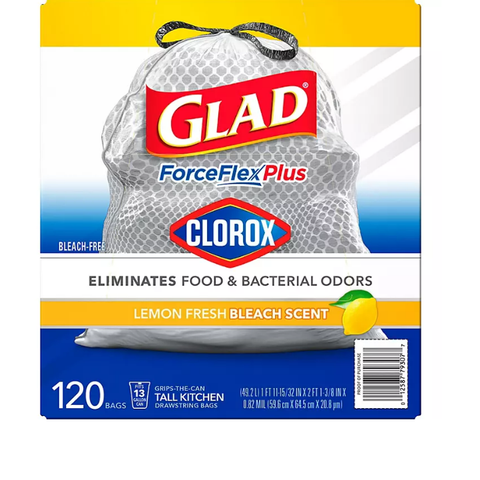 Glad ForceFlex Plus Tall Kitchen Trash Bags – With Clorox, Lemon Fresh Bleach Scent (13 gal. 120 ct.)