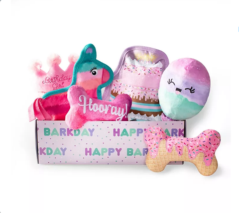 Happy Barkday Birthday Girl Box Dog Toy Bundle, 6-Piece Set (Pink)