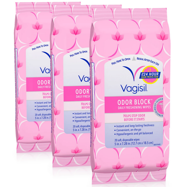 Vagisil Odor Block Daily Freshening Wipes. Resealable Pouch (20 ct. 3 pk)