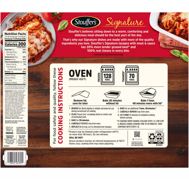 Stouffer's Signature Lasagna with Meat Sauce. Frozen (96 oz.)