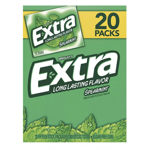 Extra Gum Sugar Free Mint Chewing Gum, Spearmint. 15 sticks. 20 pk