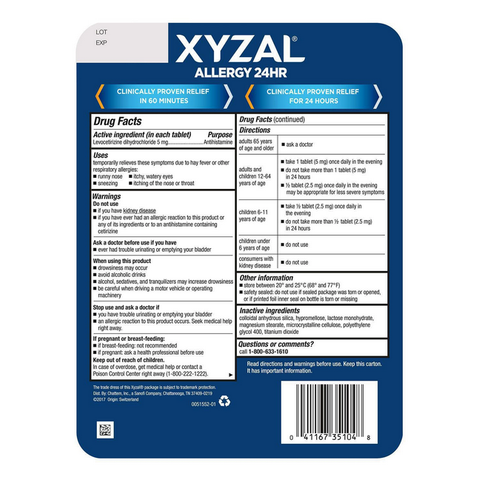Xyzal Adult Allergy 24HR. Allergy Relief Tablets (55 ct. 2 pk.)