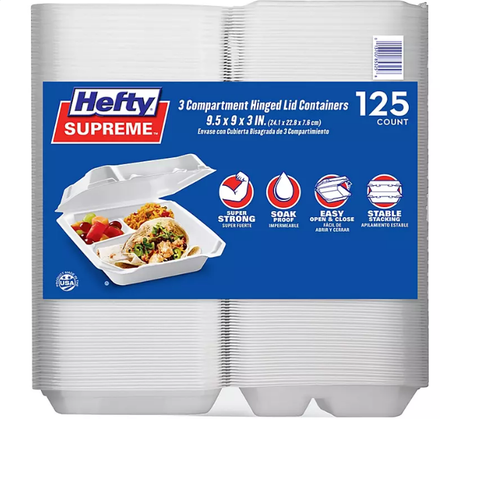 Hefty Supreme Foam Hinged Lid Container, 3-Compartment (125 ct.)