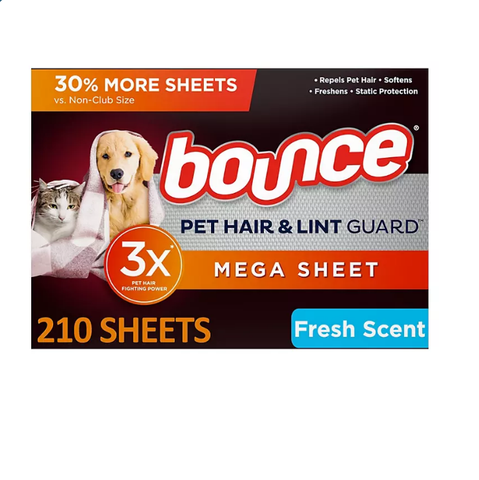 Bounce Pet Hair and Lint Guard Mega Dryer Sheets with 3X Pet Hair Fighters, Fresh Scent (210 ct.)