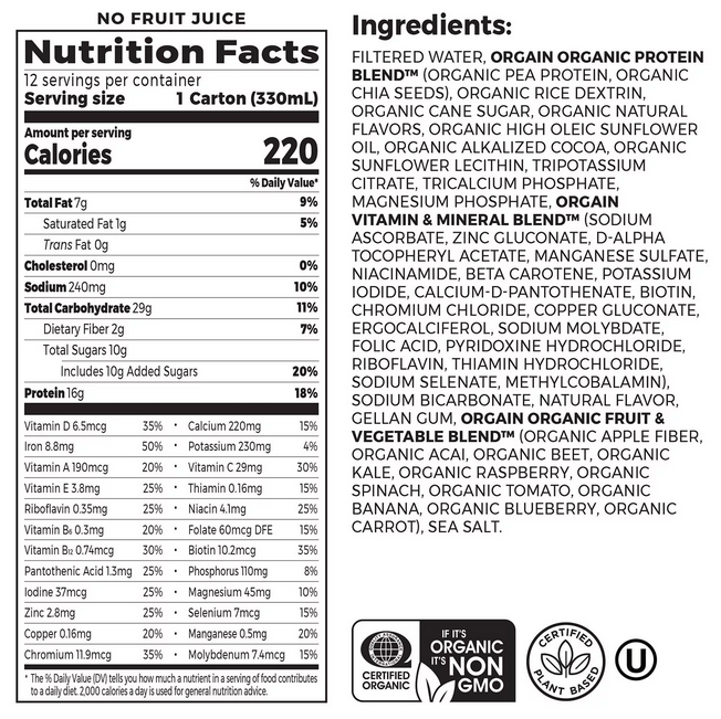 Orgain Organic Nutrition Vegan All-in-One Protein Plant Based RTD Shake. Smooth Chocolate (12 ct.)