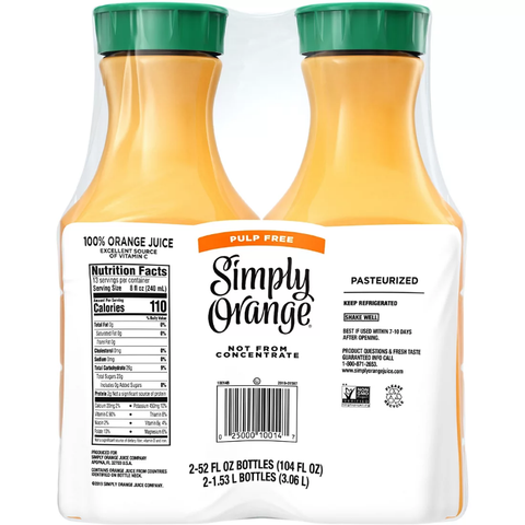 Simply Orange Pulp-Free Orange Juice. 2 pk. 52 fl. oz.