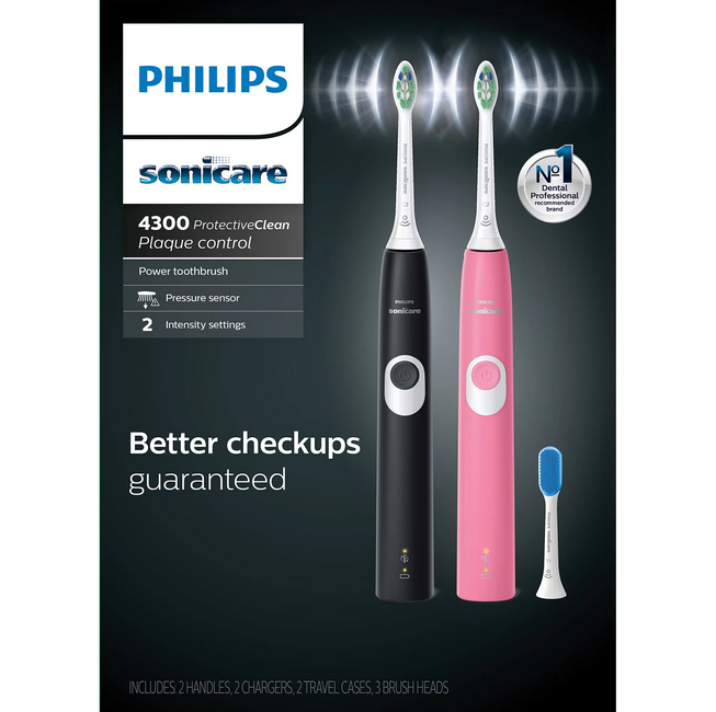 Philips Sonicare ProtectiveClean 4300 Rechargeable Toothbrush. 2 pk. (Choose Your Color)