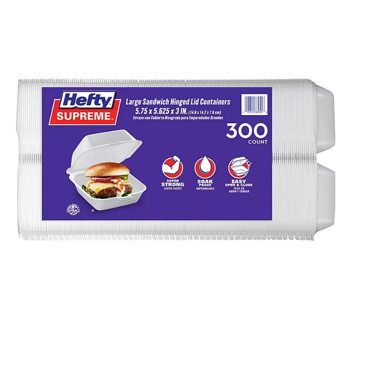 Hefty Supreme Large Sandwich Foam Hinged Lid Containers, 6 (300