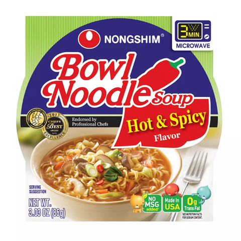 Nong Shim Hot & Spicy Bowl Noodle Soup. 12 pk. 3.03 oz.