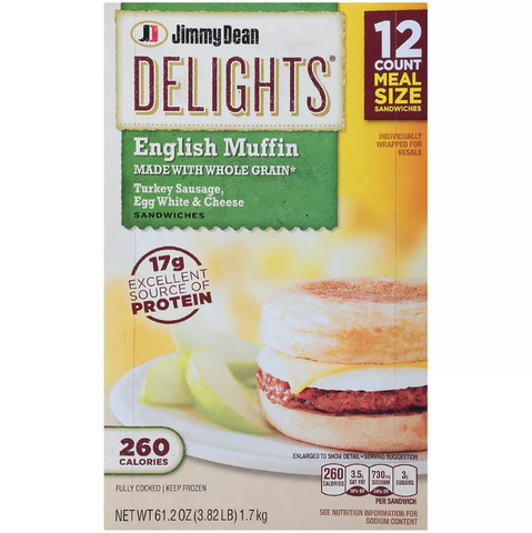 Jimmy Dean Delights Frozen Turkey Sausage. Egg White & Cheese English Muffin Sandwiches. 12 ct.