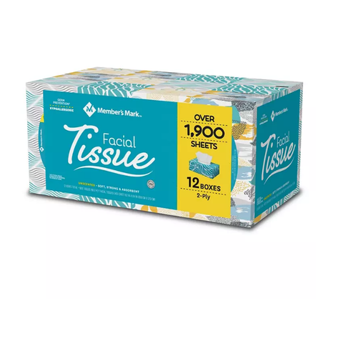 Member’s Mark Facial Tissues, 12 Flat Boxes, 160 2-Ply Tissues per Box (1920 Tissues Total)