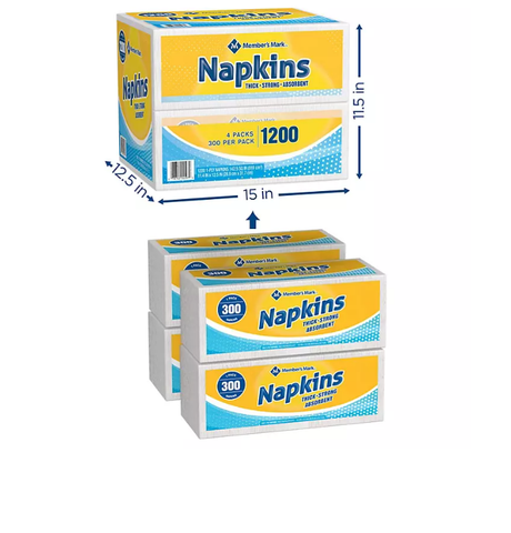 Member's Mark 1-Ply Everyday Napkins, 11.4" x 12.5" (4 pk., 300 ct. per pack, 1200 ct. total)