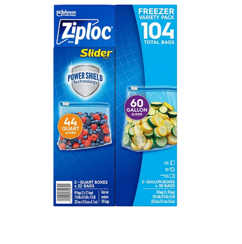 Ziploc® Brand Slider Freezer Gallon and Quart Bags with Power Shield Technology (104 ct.)