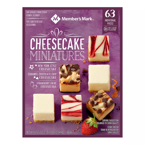 Members Mark 1 in x 1 in Cheesecake Minis (New York. Caramel Chocolate Chip. and Strawberry Swirl. 63-count)