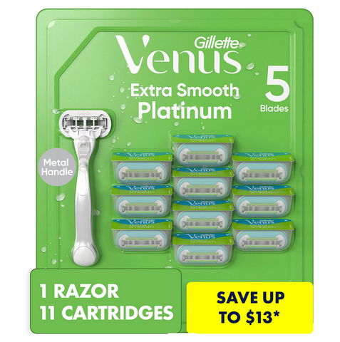 Venus Platinum Extra Smooth Metal Women's Razor Handle + 11 Cartridges